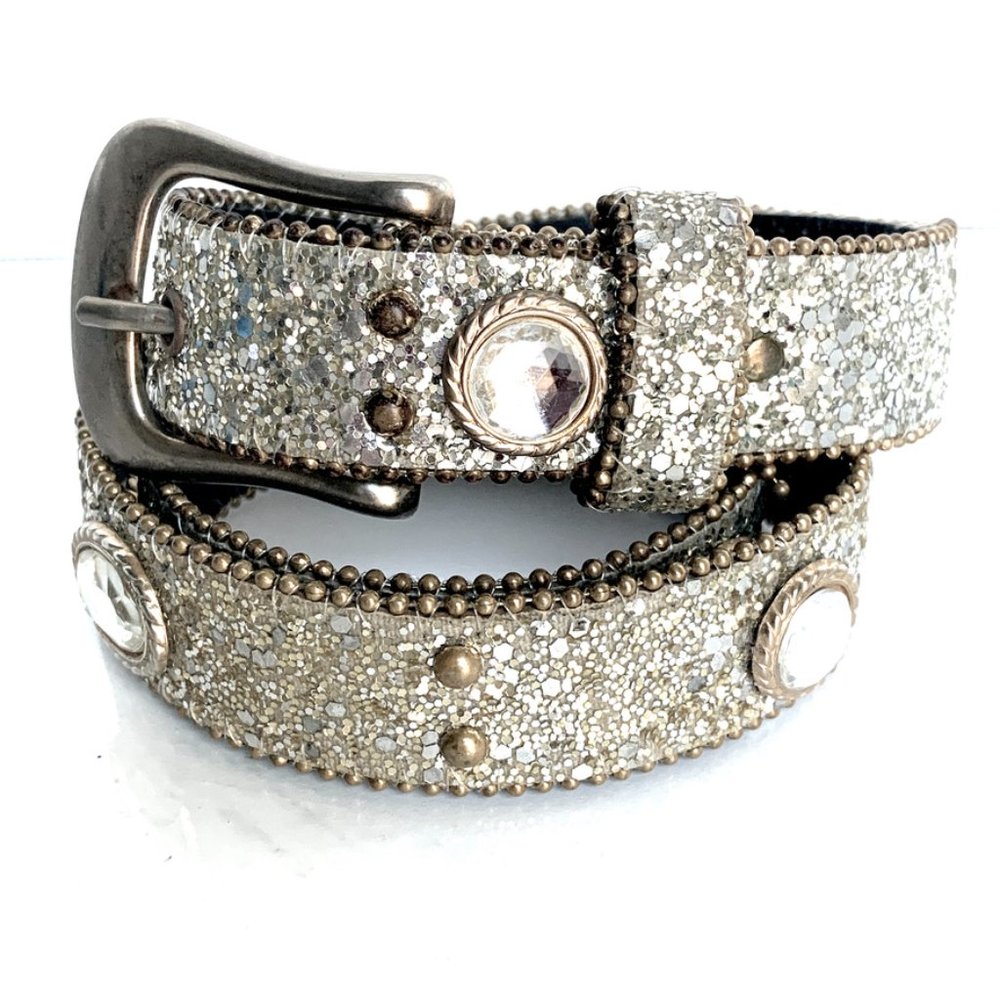 Elite Vintage Silver Glitter Rhinestones Studs Bling Sparkling Western Belt L